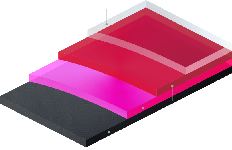 ベース層：UDカーボン　第1層：ピンクメタリック　第2層：レッド　第3層：UVコーティング